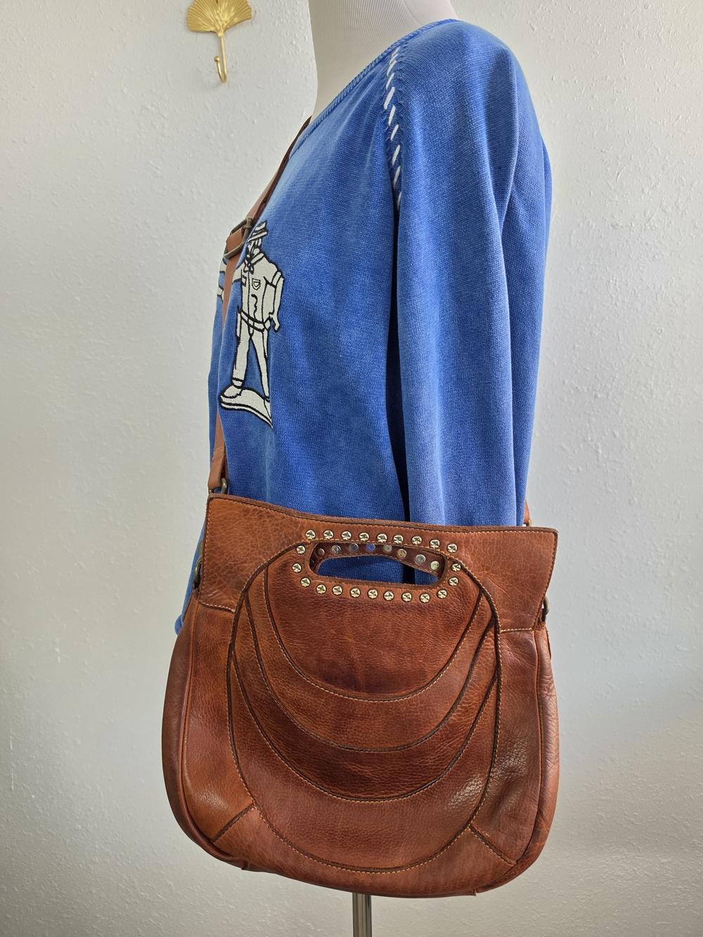 Spaghetti Western Brown Leather Studded Crossbody Shoulder Bag Boho
